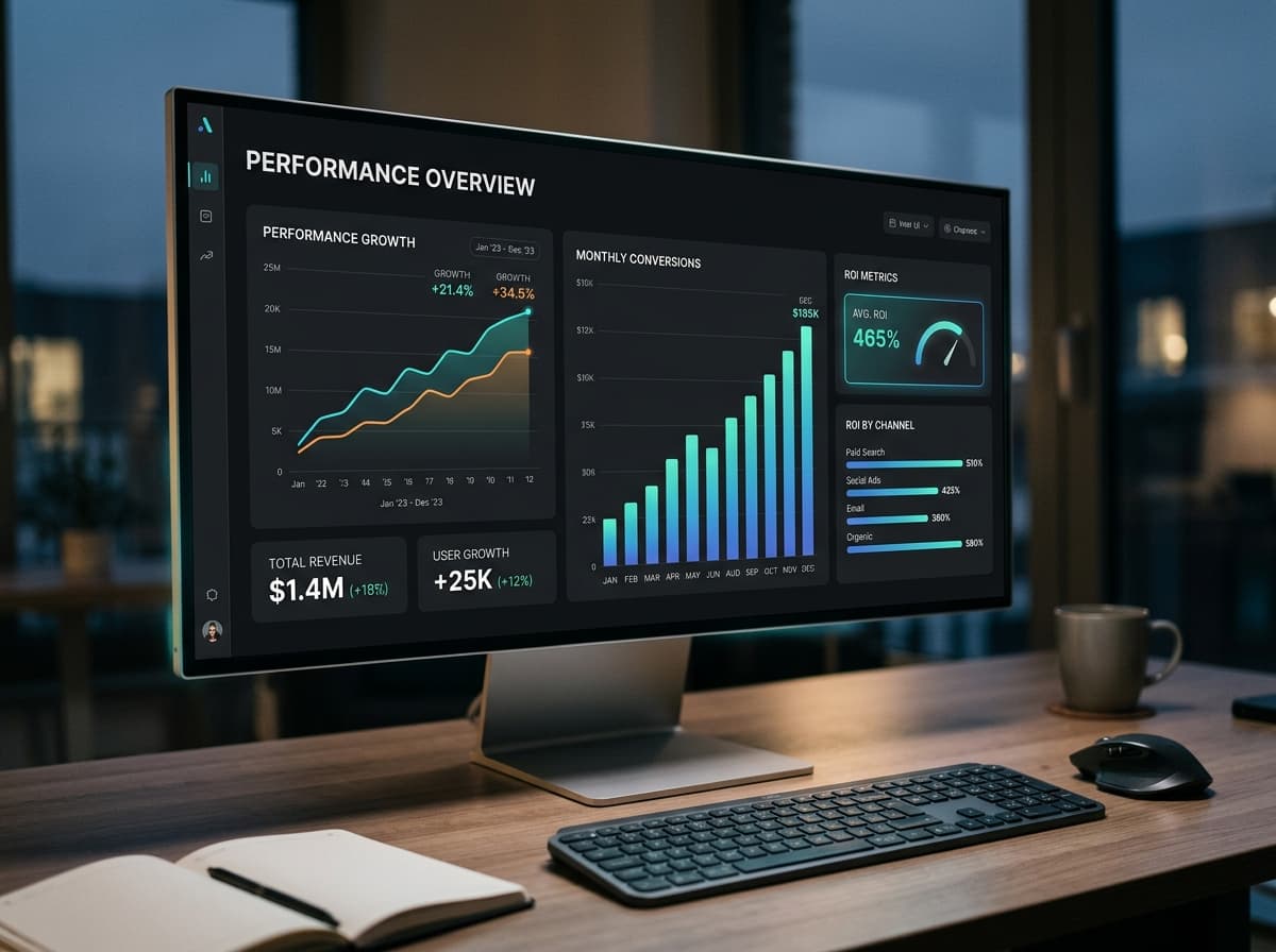 Performance marketing dashboard displaying growth analytics charts