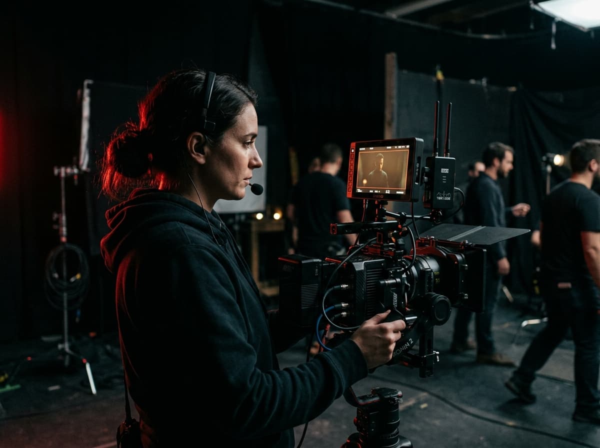 Video production crew operating cinema camera in studio